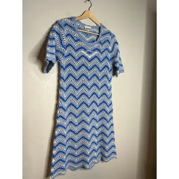 NEW Ganni Cotton Crochet Light Blue and White Short Sleeve Mini Dress Sz: Medium